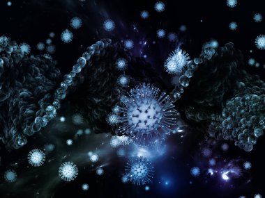 Coronavirus Mantığı. Viral Salgın Serisi. Virüs, salgın hastalık, hastalık ve sağlık konuları için Coronavirus parçacıklarının ve mikro uzay elementlerinin grafiksel bileşimi