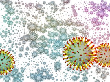 Coronavirus Dünyaları. Viral Salgın Serisi. Coronavirus parçacıklarından ve virüs, salgın hastalık, hastalık ve sağlıkla ilgili mikro uzay elementlerinden oluşan soyut tasarım