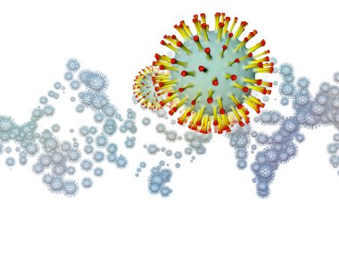 Coronavirus Araştırma. Viral Salgın Serisi. Virüs, salgın, enfeksiyon, hastalık ve sağlık konularında Coronavirus parçacıkları ve mikro uzay elementlerinden oluşan tasarım