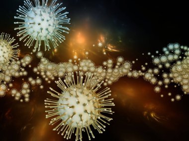 Coronavirus Dünyaları. Viral Salgın Serisi. Coronavirus parçacıklarından ve virüs, salgın hastalık, hastalık ve sağlıkla ilgili mikro uzay elementlerinden oluşan soyut tasarım