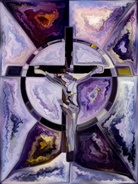 信念のテクスチャ ステンドグラスシリーズのクロス キリストと自然の十字架刑の断片化された団結に関するプロジェクトのための有機的な教会の窓の色パターンの創造的な配置 — ストック写真