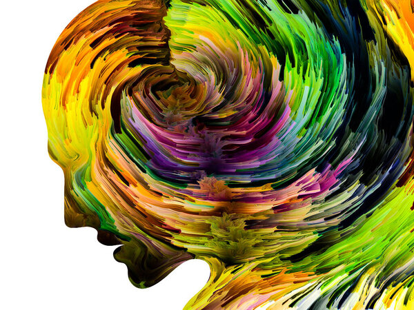 Disturbing Thoughts series. Dark paint in motion inside human face silhouette. Artwork on the subject of inner world, mind, psychology, depression, anxiety, mental illness, creativity and abstract art.