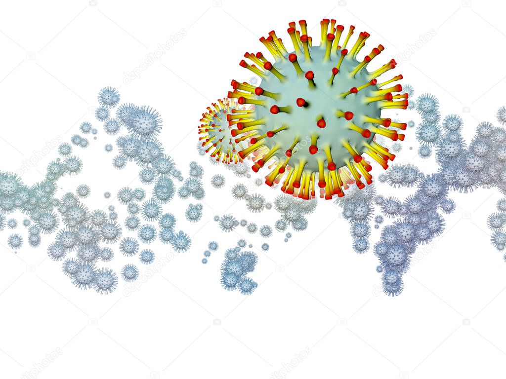 Coronavirus Research. Viral Epidemic series. Design composed of Coronavirus particles and micro space elements on the subject of virus, epidemic, infection, disease and health