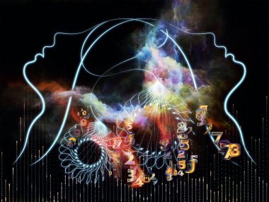 Minds serisinin buluşması. Ortak düşünme, beyin fırtınası, fikir alışverişi, öğretme ve öğrenme konusunda basamaklar, insan siluetleri, oklar ve soyut unsurlar