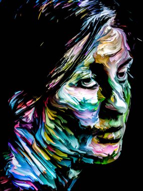 Canlı bir kadın. Yüz boyama serisi. Yaratıcılık, hayal gücü, resim ve görsel sanat teması üzerine siyah tuval üzerinde genç bir kadının renkli portresinin düzenlenmesi