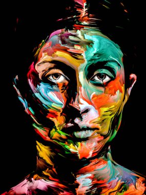 Parlak Bayan. Yüz boyama serisi. Yaratıcılık, hayal gücü, resim ve görsel sanatlar konusu için siyah tuval üzerinde genç bir kadının renkli portresinin kompozisyonu