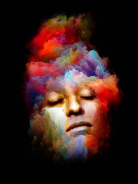 Canlı Portre. İç Renk serisi. Sanat, tasarım ve psikoloji ile ilgili siyah arka plan üzerine izole edilmiş insan yüzü ve soyut renklerden oluşan soyut tasarım