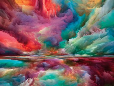 Gökkuşağı Aydınlanması. Gerçekliğe Kaçış dizisi. Arazi resmi, hayal gücü, yaratıcılık ve sanat projeleri için gerçeküstü gün batımı renkleri ve dokularının yaratıcı düzenlenmesi