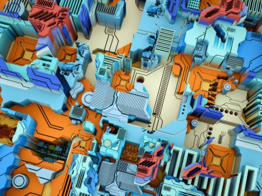 Yer Değiştirme Dünyası serisi. Bilim, modern teknoloji ve eğitim konularında soyut teknolojik örüntünün 3 boyutlu yorumlanması.