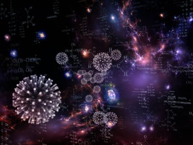 Coronavirus Evreni. Viral Salgın Serisi. Virüs, salgın, enfeksiyon, hastalık ve sağlık konularında çalışmalar için 3 boyutlu Coronavirus parçacıkları ve mikro uzay elementleri