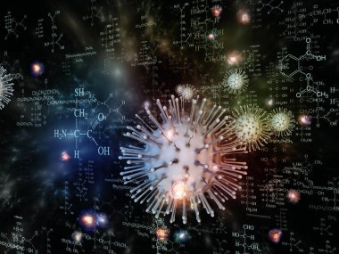 Coronavirus Kimya. Viral Salgın Serisi. Coronavirus parçacıkları ve mikro uzay elementlerinin virüs, salgın, enfeksiyon, hastalık ve sağlık projeleri için uygun 3D Illustration