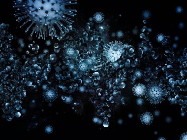 Coronavirus Evreni. Viral Salgın Serisi. Virüs, salgın, enfeksiyon, hastalık ve sağlık konularında 3 boyutlu Coronavirus parçacıkları ve mikro uzay elementleri