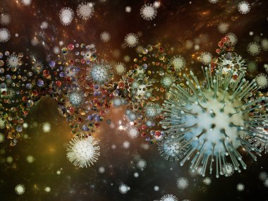 Coronavirus Mantığı. Viral Salgın Serisi. Coronavirus parçacıkları ve mikro uzay elementlerinin virüs, salgın, enfeksiyon, hastalık ve sağlık teması üzerine 3D Illustration