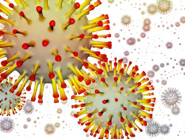 Coronavirus Matematik. Viral Salgın Serisi. 3 boyutlu Coronavirus parçacıkları ve mikro uzay elementlerinin virüs, salgın hastalık, enfeksiyon, hastalık ve sağlık ile kavramsal ilişkisi