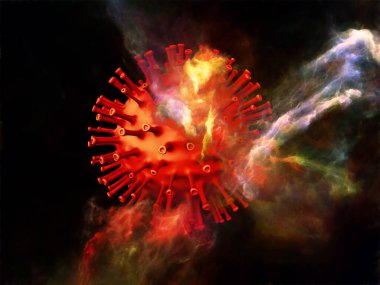 Kırmızı Coronavirus virüsü parçacığı ve üç boyutlu soyut elementlerin viral cisimler ve mikro ortam veya bağışıklık sistemi ile etkileşimi üzerine 3 boyutlu yorumlanması