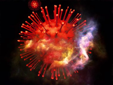 Viral enfeksiyon, bağışıklık sistemi, ilaç ve sağlık konularında kırmızı Coronavirus virüsü parçacığı ve mikro çevre elementlerinin 3 boyutlu oluşturulması