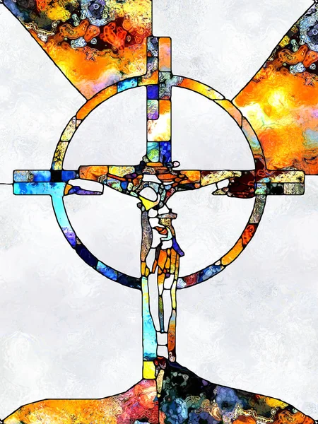 彩色的信仰 玻璃杯系列交叉系列 有机教会窗彩图案的构成与基督与自然钉十字架的零碎统一 — 图库照片
