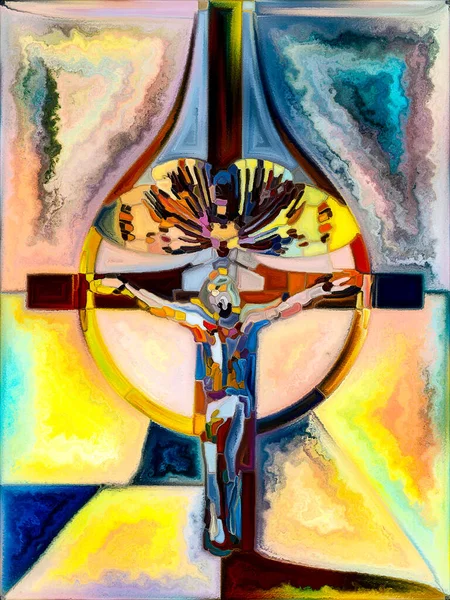 信念のテクスチャ ステンドグラスシリーズのクロス キリストと自然の十字架刑の断片化された団結に関するプロジェクトのための有機的な教会の窓の色パターンの創造的な配置 — ストック写真