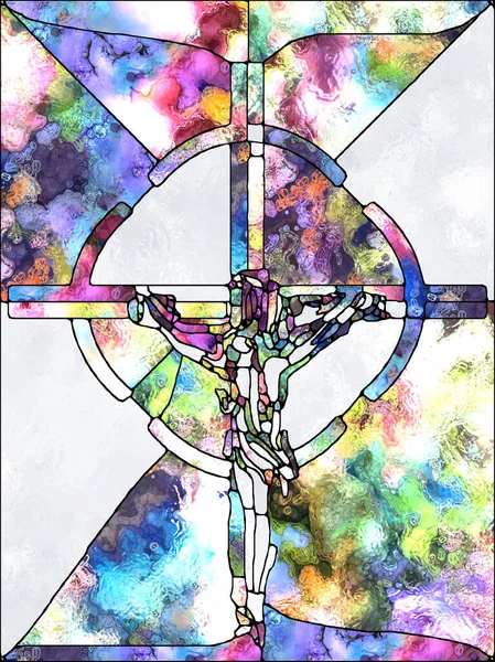 Spectral Color. Cross of Stained Glass series. Abstract arrangement of organic church window color pattern suitable for projects on fragmented unity of Crucifixion of Christ and Nature