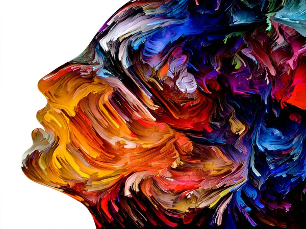 Disturbing Thoughts series. Colorful paint in motion inside human face silhouette. Artwork on the subject of inner world, mind, psychology, depression, anxiety, mental illness, creativity and abstract art.
