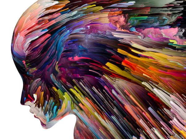 令人不安的思想系列 五彩斑斓的图画在人的面部轮廓中流动 关于内心世界 精神疾病 创造力和抽象艺术等主题的艺术作品 — 图库照片