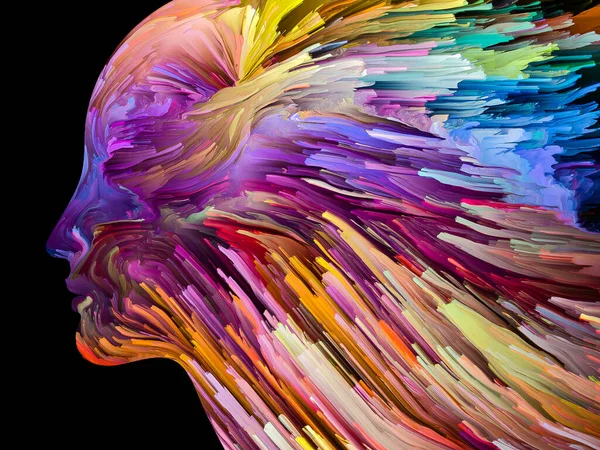 Störande Tankeserier Färgglad Färg Rörelse Inuti Människans Ansikte Siluett Konstverk — Stockfoto