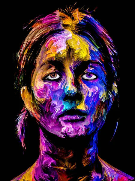 Renk serisi insanları. Yaratıcılık, hayal gücü ve sanat konularında genç bir kadının renkli ve soyut portresi.
