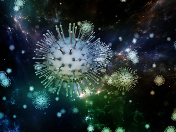 Coronavirus Micro World. Viral Epidemic series. 3D Illustration of Coronavirus particles and micro space elements to serve as background for projects on virus, epidemic, infection, disease and health