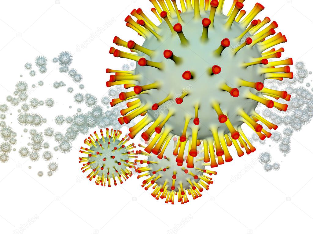 Coronavirus Space. Viral Epidemic series. 3D Illustration of  Coronavirus particles and micro space elements for projects on virus, epidemic, infection, disease and health