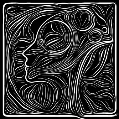 Dijital Scratchboard. Life Line serisi. İnsan dramı, şiiri ve iç sembolleri için insan profili ve ahşap kesim kalıplarının yaratıcı düzenlenmesi