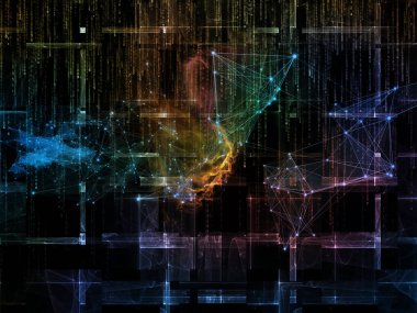 Bilgisayar ağı, sanal gerçeklik, internet ve modern teknolojiler üzerinde proje için sayılar, ağ sembolleri, ışıklar ve fraktal elemanların arka plan