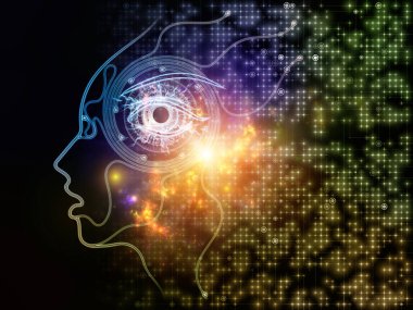 Yapay mantık serisinin ışığı. İnsanın yüz hatlarının ve zihin, teknoloji ve bilinç konularındaki dijital elementlerin arkaplanı