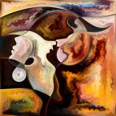 Gradyan Akış. Gizli Ton serisi. İç hayat, drama, şiir ve algı üzerine çalışmalar için insan siluetleri, sanat dokuları ve renklerin görsel olarak tatmin edici kompozisyonu