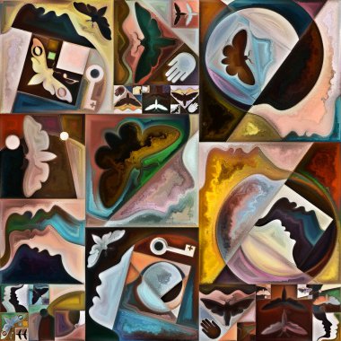 İç şifreleme serisi. Gizli anlamlar, kutsal yaşam, drama, şiir, mistisizm ve sanat konularındaki soyut organik formlar, sanat dokuları ve renklerin kolajı.