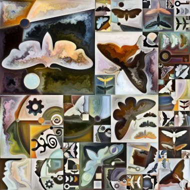 Spektral bitki. Gizli şifre serisi. İnsan siluetleri, sanat dokuları ve renklerinden oluşan sanatsal soyutlama, iç hayat, drama, şiir ve algı konularında etkileşime girer.