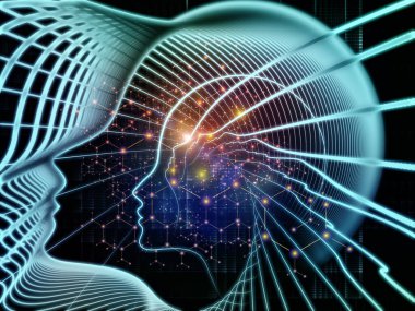 Zihin Bilimleri serisinden. İnsan siluetinden yapılmış spiral yüz çizgisi ve bilinç, akıl, yapay zeka ve teknoloji konularındaki soyut elementlerden yapılmış.