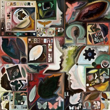 Spektral bitki. Gizli şifre serisi. İnsan siluetleri, sanat dokuları ve renklerinden oluşan sanatsal soyutlama, iç hayat, drama, şiir ve algı konularında etkileşime girer.