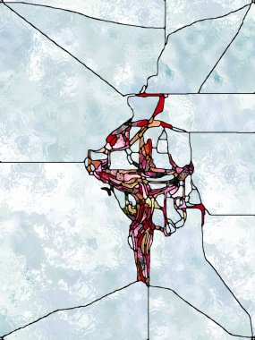 Işık kırıntıları. Lekeli Camların Haçı serisi. İsa ve Doğa 'nın çarmıha gerilmesinin parçalanmış birliği için organik kilise pencere desenlerinin yaratıcı düzenlenmesi