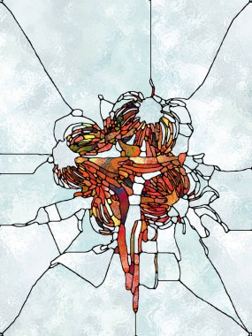 Işığın inancı. Lekeli Camların Haçı serisi. İsa ve Doğa 'nın çarmıha gerilmesinin parçalanmış birliği temasına ilişkin organik kilise pencere deseninin bileşimi