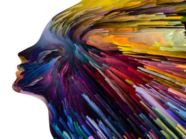 Sade arka planda izole edilmiş insan profilleri ve içinde çok renkli boya izleri var. Yaratıcılık, hayal gücü ve sanat konusunda.