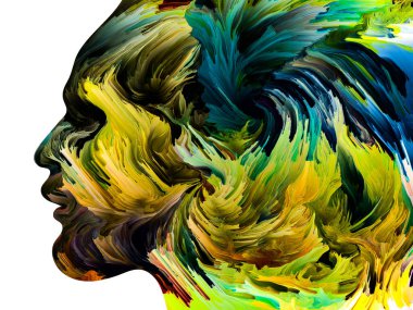 Rahatsız edici Düşünceler serisi. Sıvı boya insan yüzü siluetinde hareket halinde. İç dünya, zihin, psikoloji, depresyon, anksiyete, zihinsel hastalık, yaratıcılık ve soyut sanat konularındaki sanat çalışmaları.