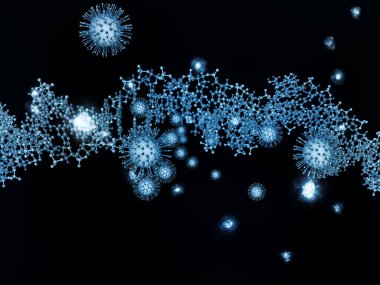 Coronavirus Araştırma. Viral Salgın Serisi. Virüs, salgın, enfeksiyon, hastalık ve sağlık konularındaki projeler için 3 boyutlu Coronavirus parçacıkları ve mikro uzay elementleri