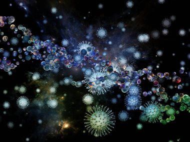 Coronavirus Mantığı. Viral Salgın Serisi. Coronavirus parçacıkları ve mikro uzay elementlerinin virüs, salgın, enfeksiyon, hastalık ve sağlık teması üzerine 3D Illustration
