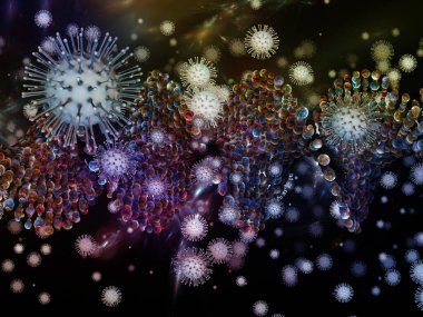 Virüs Mantığı. Viral Salgın Serisi. Coronavirus parçacıkları ve virüs, salgın, enfeksiyon, hastalık ve sağlıkla ilgili mikro uzay elementlerinin 3D Illustration 'ı