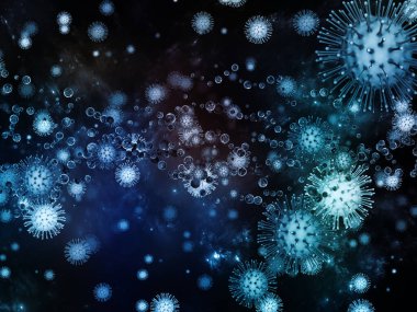 Coronavirus Gerçekliği. Viral Salgın Serisi. Koronavirüs parçacıkları ve mikro uzay elementlerinin virüs, salgın hastalık, enfeksiyon, hastalık ve sağlıkla ilişkili 3D çizimi