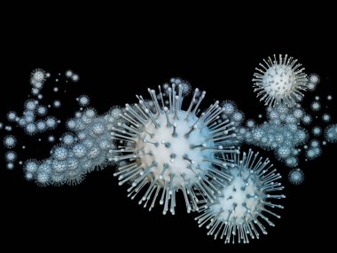 Coronavirus Evreni. Viral Salgın Serisi. Virüs, salgın, enfeksiyon, hastalık ve sağlık konularında 3 boyutlu Coronavirus parçacıkları ve mikro uzay elementleri