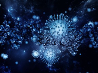 Coronavirus Evreni. Viral Salgın Serisi. Virüs, salgın, enfeksiyon, hastalık ve sağlık konularında 3 boyutlu Coronavirus parçacıkları ve mikro uzay elementleri
