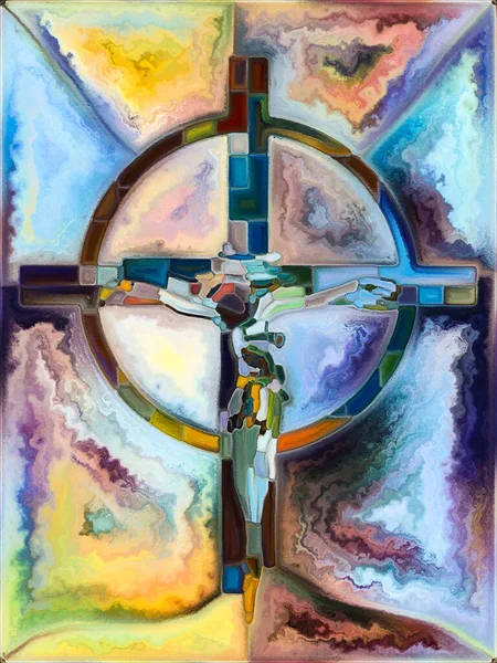 信仰心の弱さ ステンドグラスシリーズのクロス キリストと自然の十字架刑の断片化された団結のプロジェクトで使用するための有機的な教会の窓の色パターンの背景 — ストック写真