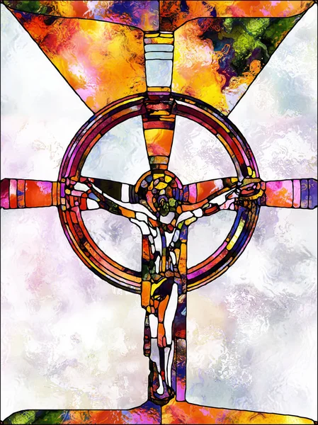 スペクトルカラー ステンドグラスシリーズのクロス キリスト教と自然界の十字架刑の断片化された団結のトピックに有機的な教会の窓の色パターンで構成された芸術的抽象化 — ストック写真