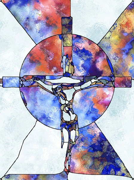 玻璃杯系列的光谱信仰交叉 基督与自然钉十字架碎片化作品有机教堂窗彩图案的背景色设计 — 图库照片